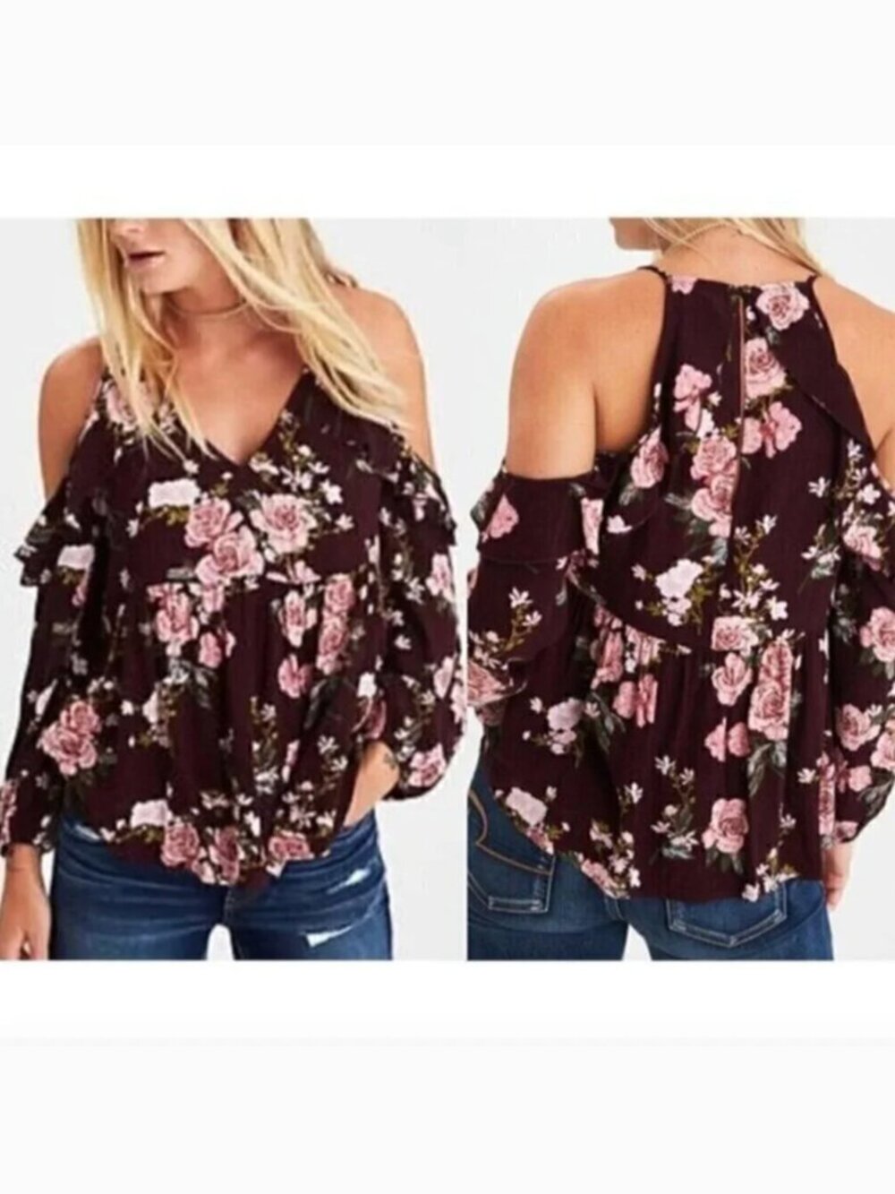 AMERICAN EAGLE Burgundy Maroon Floral Cold Shoulder Long Sleeve Babydoll Blouse